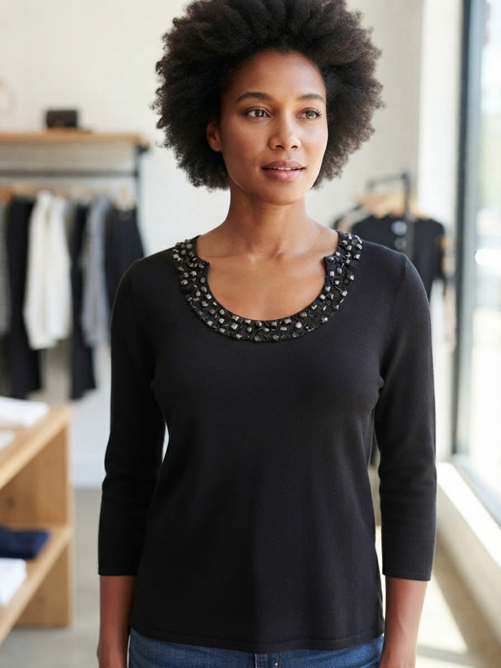 Cable & Gauge Petites Black Silk Blend Jeweled Scoop Neck Sweater Size PL
